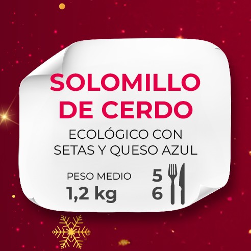 Solomillo de cerdo ecológico asado a fuego lento relleno de setas y queso azul